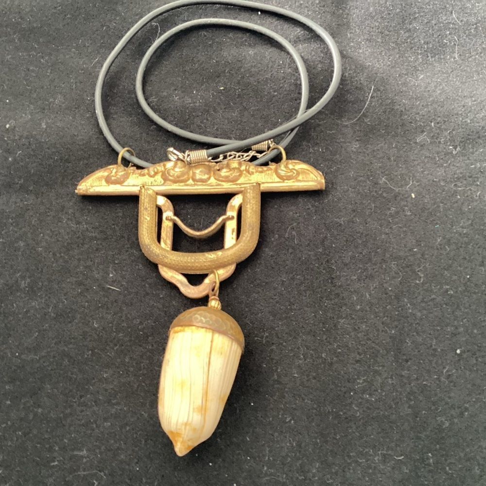 OOAK handmade acorn vintage brass and poly clay necklace. J0075